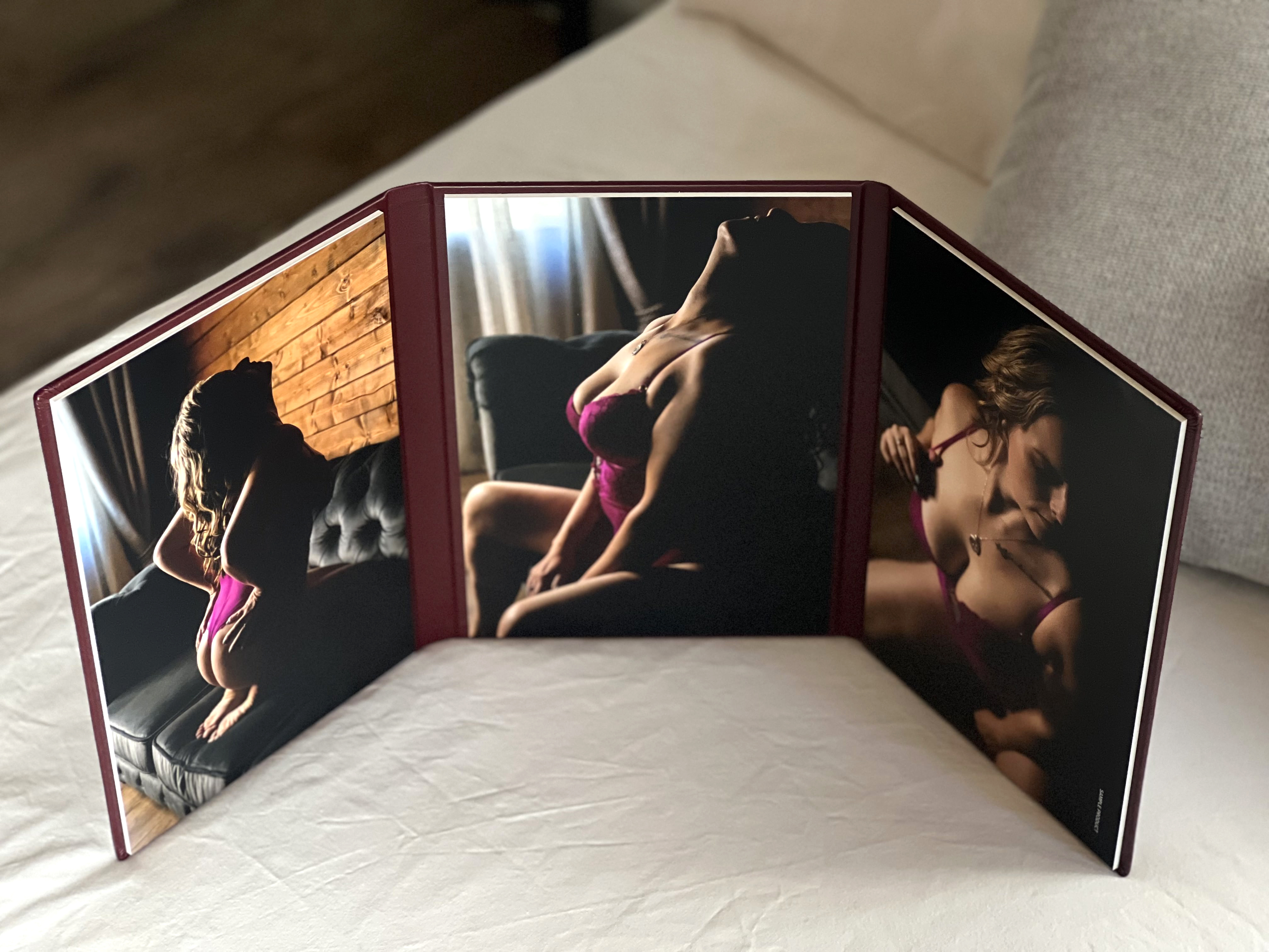 Triplex tri-fold boudoir portrait display with silk paper prints