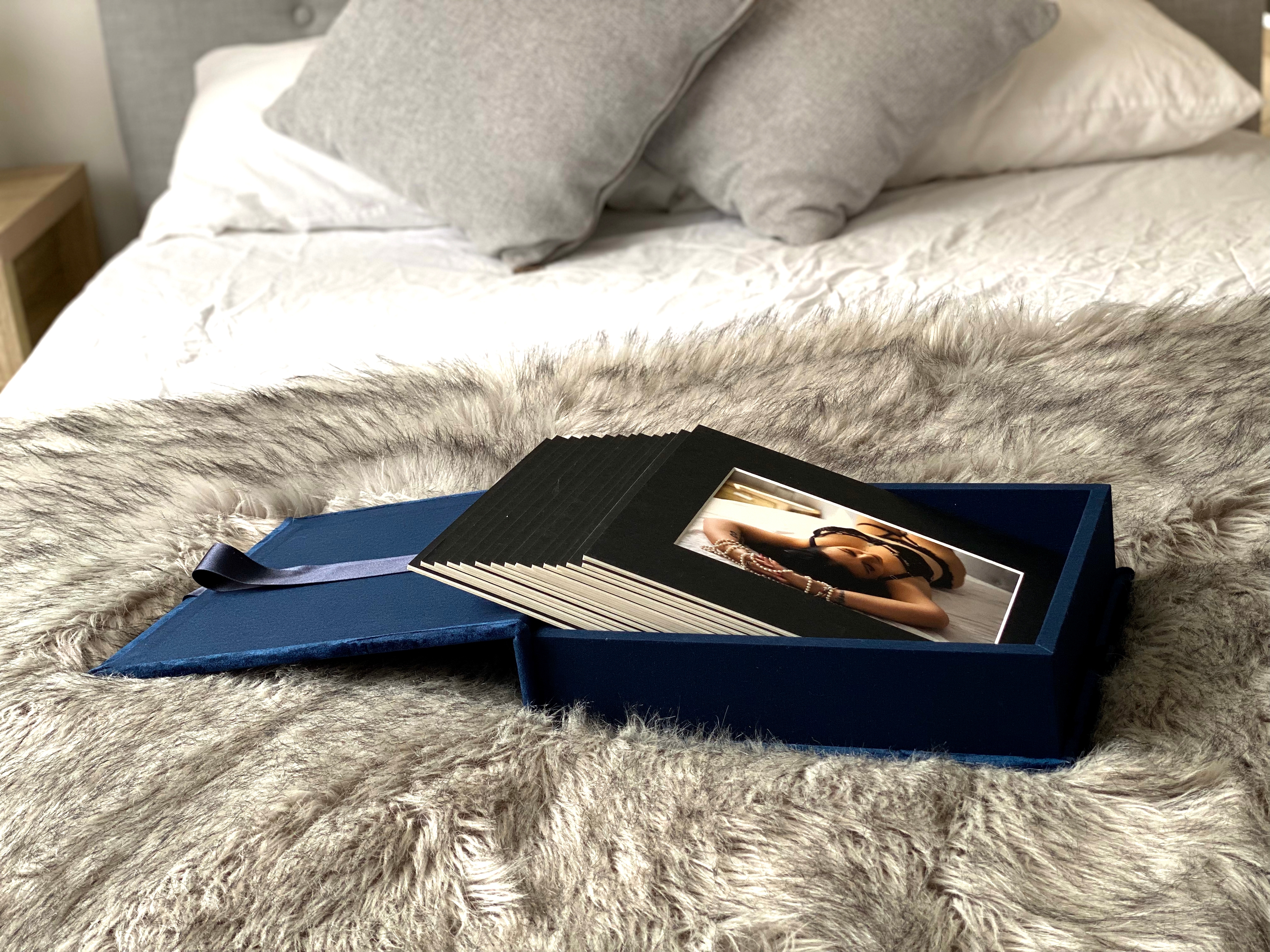 Velvet folio box in jewel tones with linen interior for boudoir prints