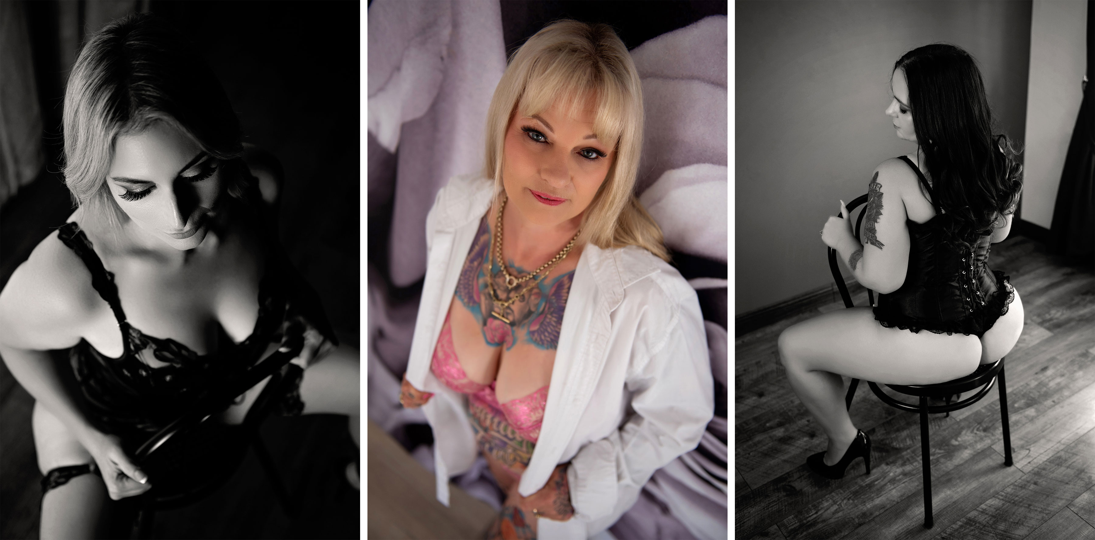 Woman in black lingerie, lying on a bed with a tattoo on her arm. She's looking at the camera, creating a relaxed and confident mood.