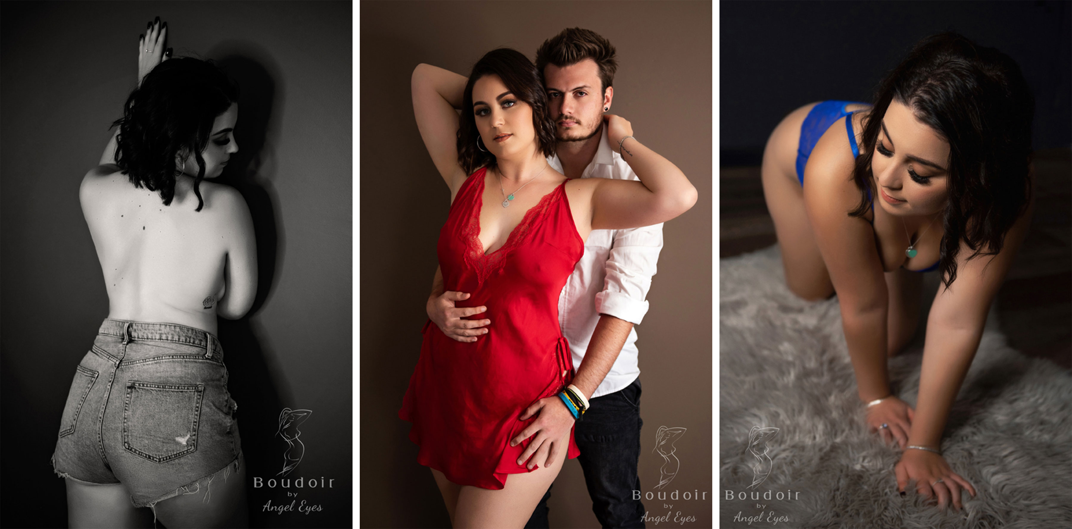 A couple lies on a bed, smiling at each other affectionately. The background has a cozy room setting with a lamp.