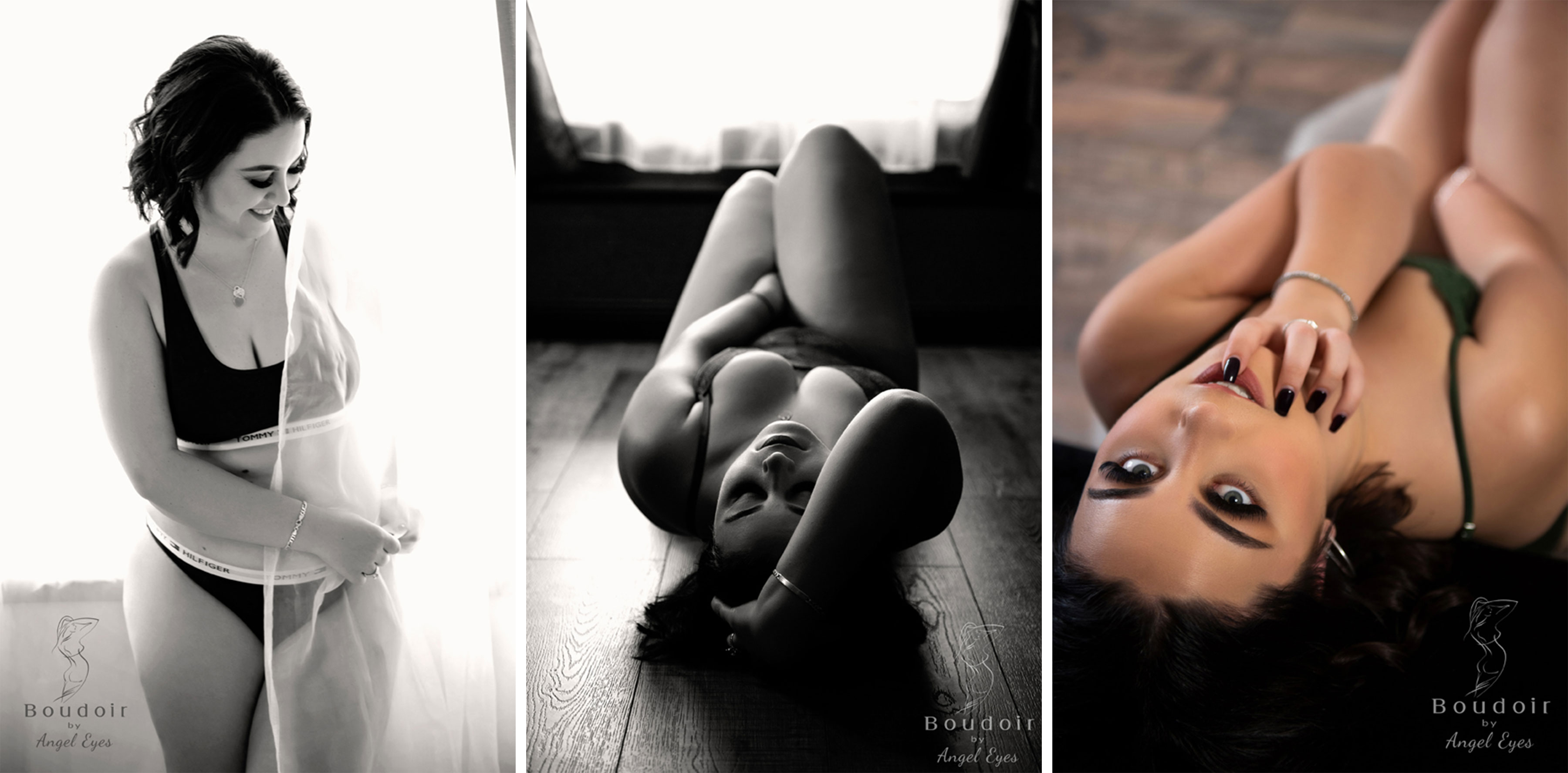 A couple lies on a bed, smiling at each other affectionately. The background has a cozy room setting with a lamp.