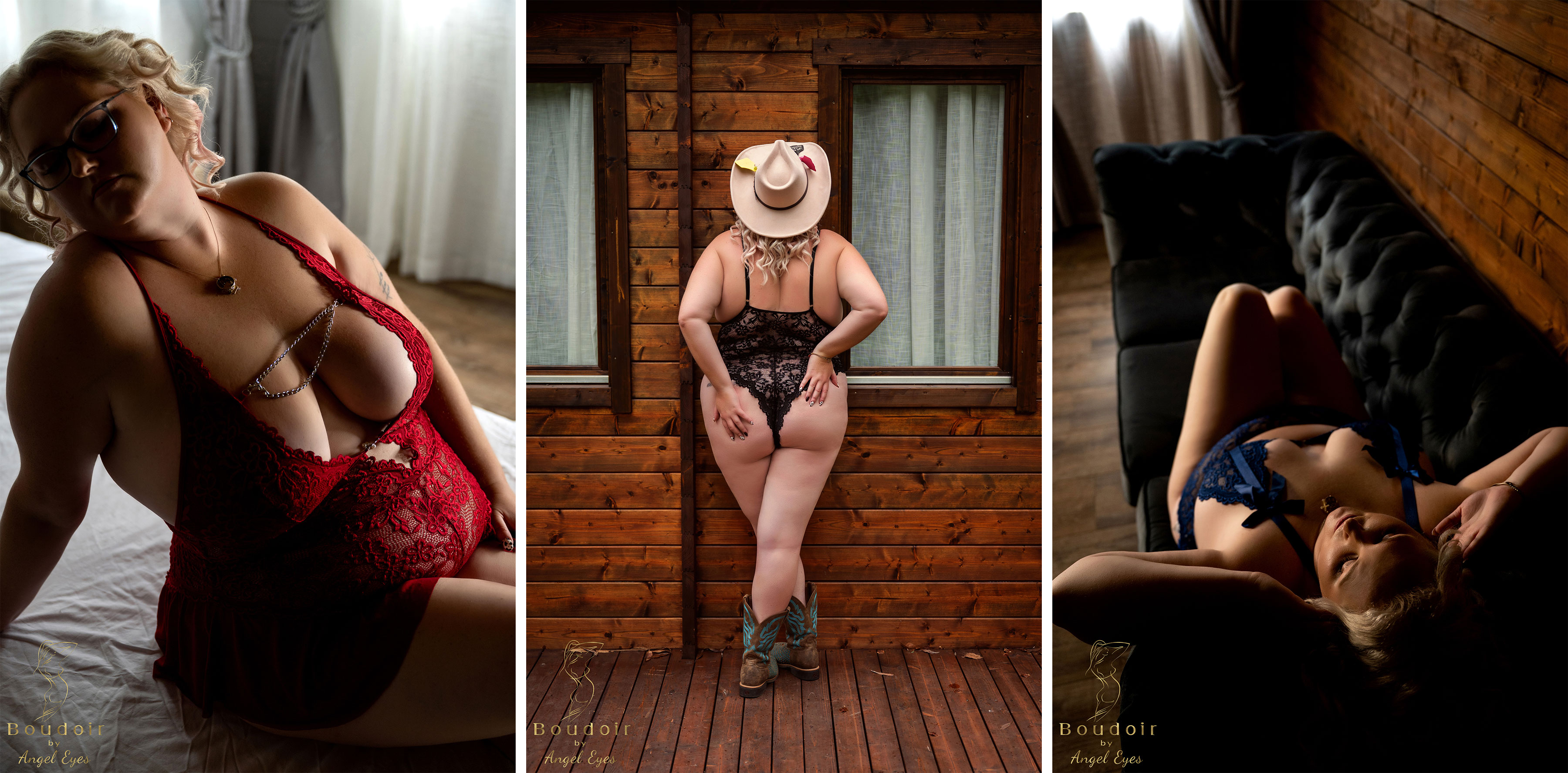 Blonde woman in purple lace lingerie lounges on a bed, smiling gently. Light wood floor and white bedding.